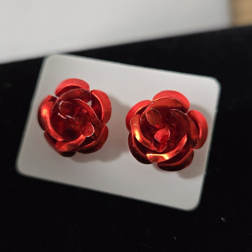 Vibrant Red Rose Stud Earrings - Picture 2 of 11